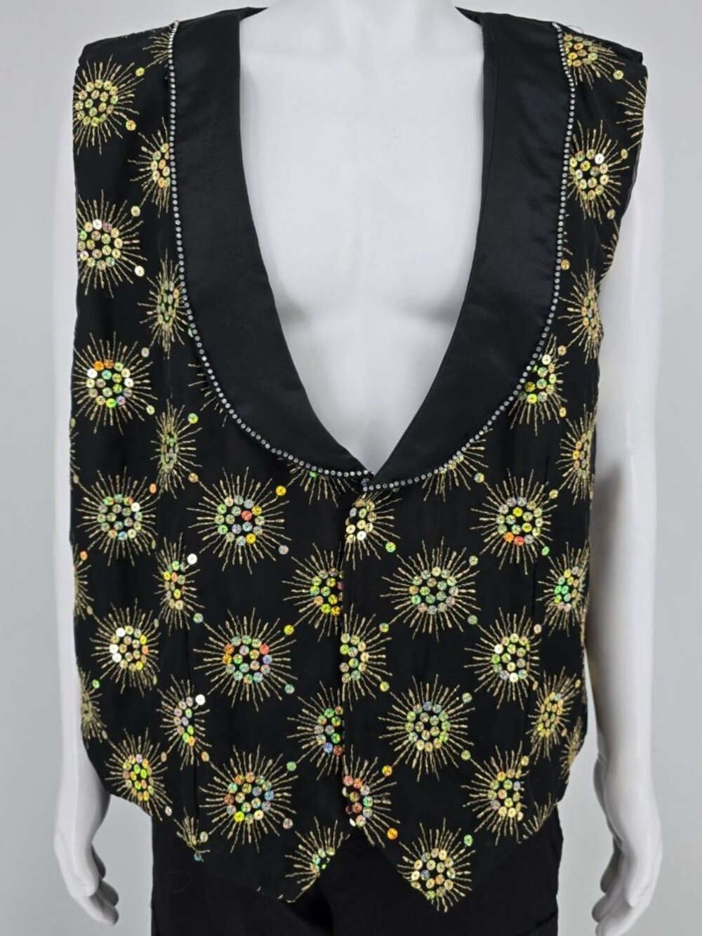 Vintage 1990s Rivars Stagewear Black Sunburst Sequin Rhinestone Trim Vest (XXL)